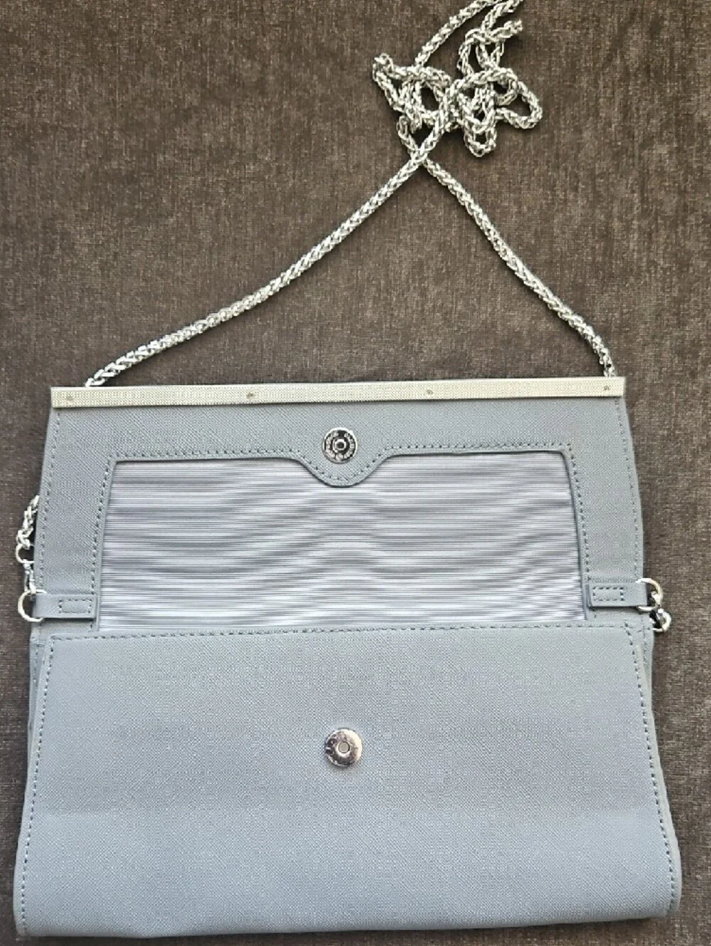 White House Black Market Light Gray Clutch with Silver Chain
